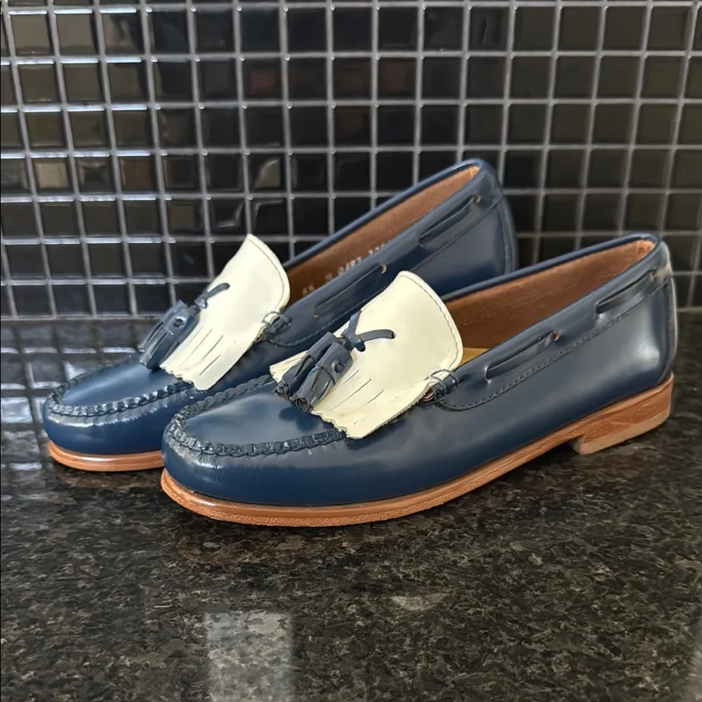 Classic Blue and White Tassel Loafer - Women's Leather Slip-On